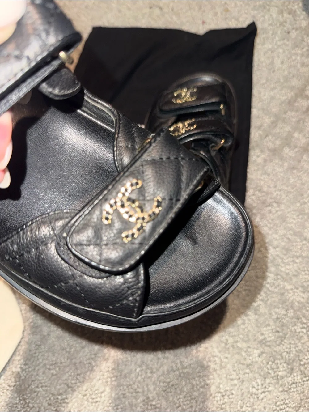 CHANEL Black Quilted Leather Double-Strap Sandals with Gold CC Logo